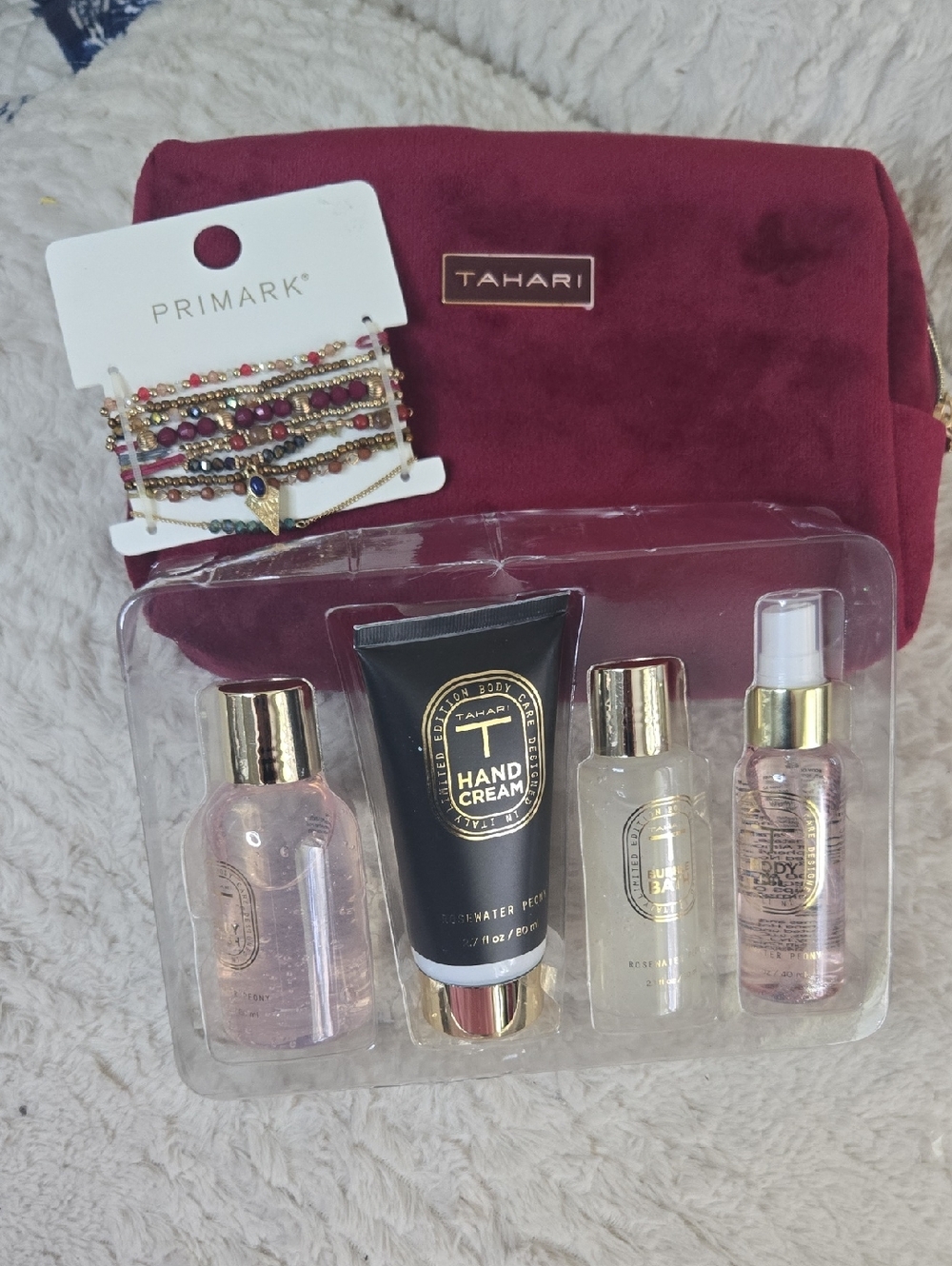Tahari Velvet Cosmetic Bag with Travel Spa Set & Primark Bracelet